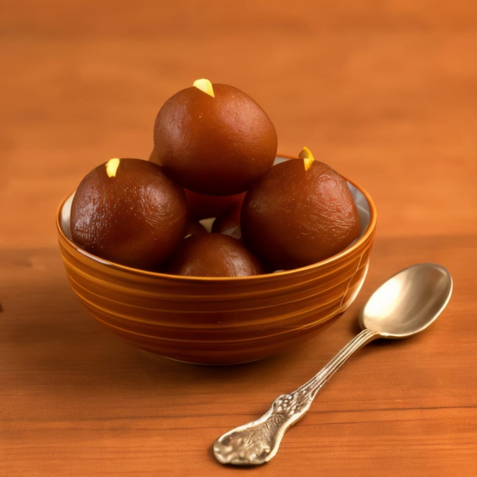 A bowl of Gulab Jamun, an Indian dessert, with a spoon on a wooden surface.