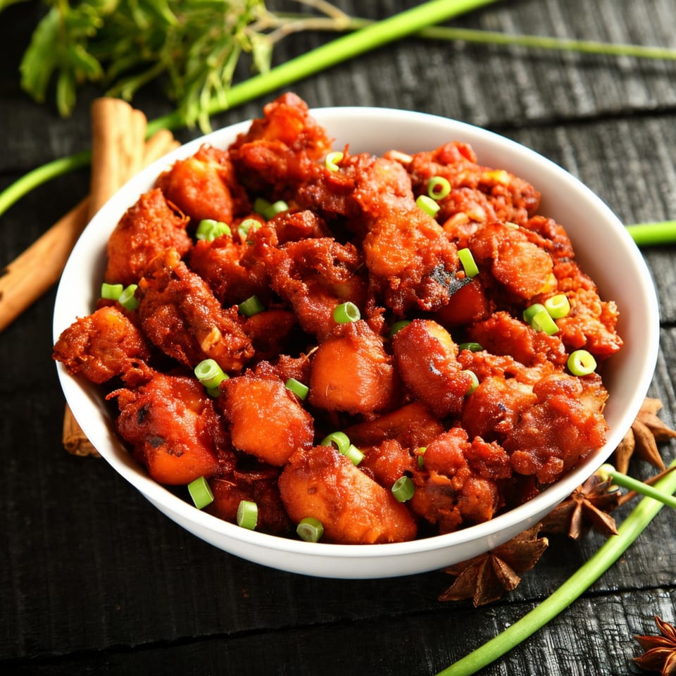 A white bowl filled with Grains Indian Cuisine's chicken Manchurian, garnished with chopped green onions.