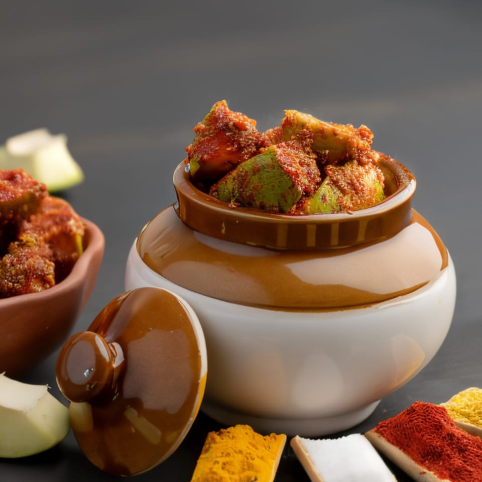 Indian mango pickle in a ceramic jar with spices and raw mango slices on a dark surface.