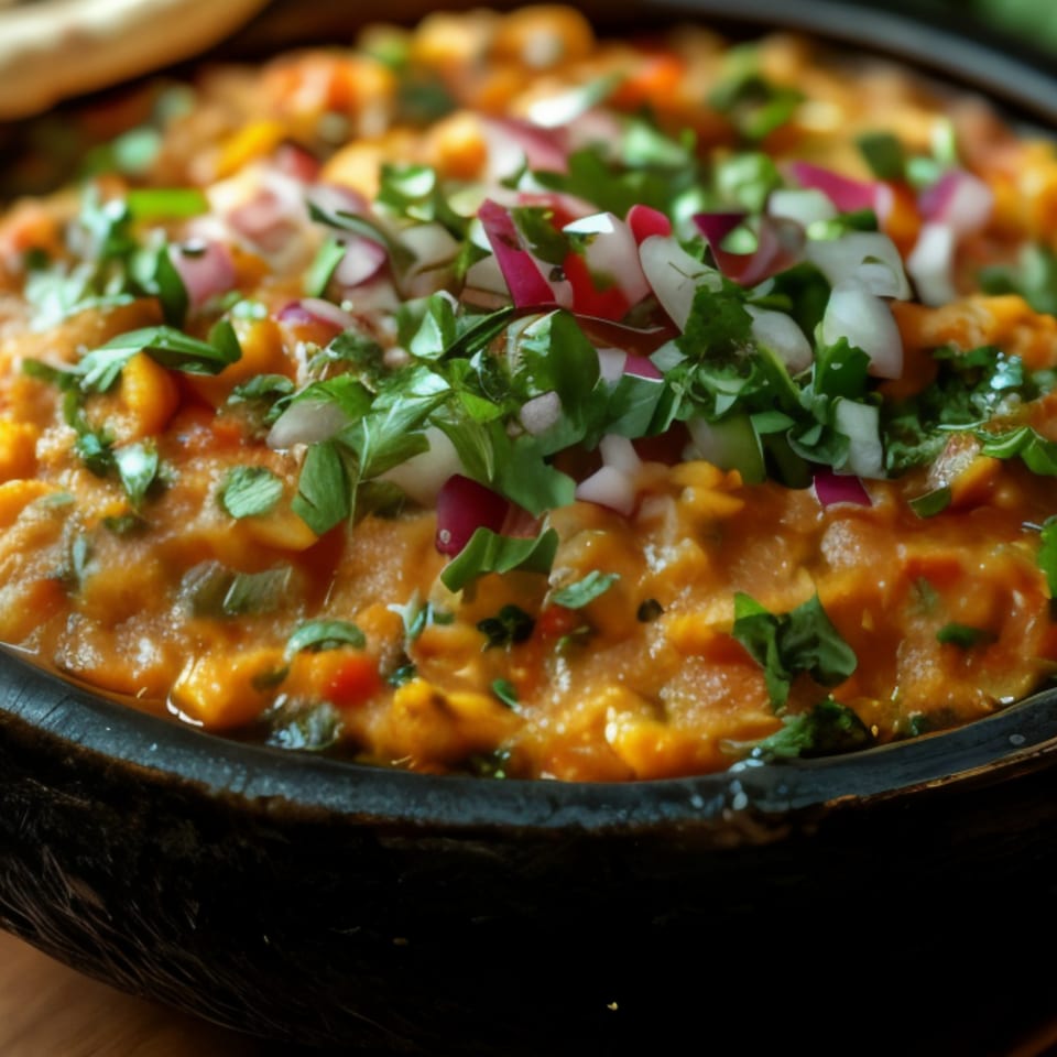 Close-up of a vibrant Indian dish, garnished with fresh cilantro and diced red onions.