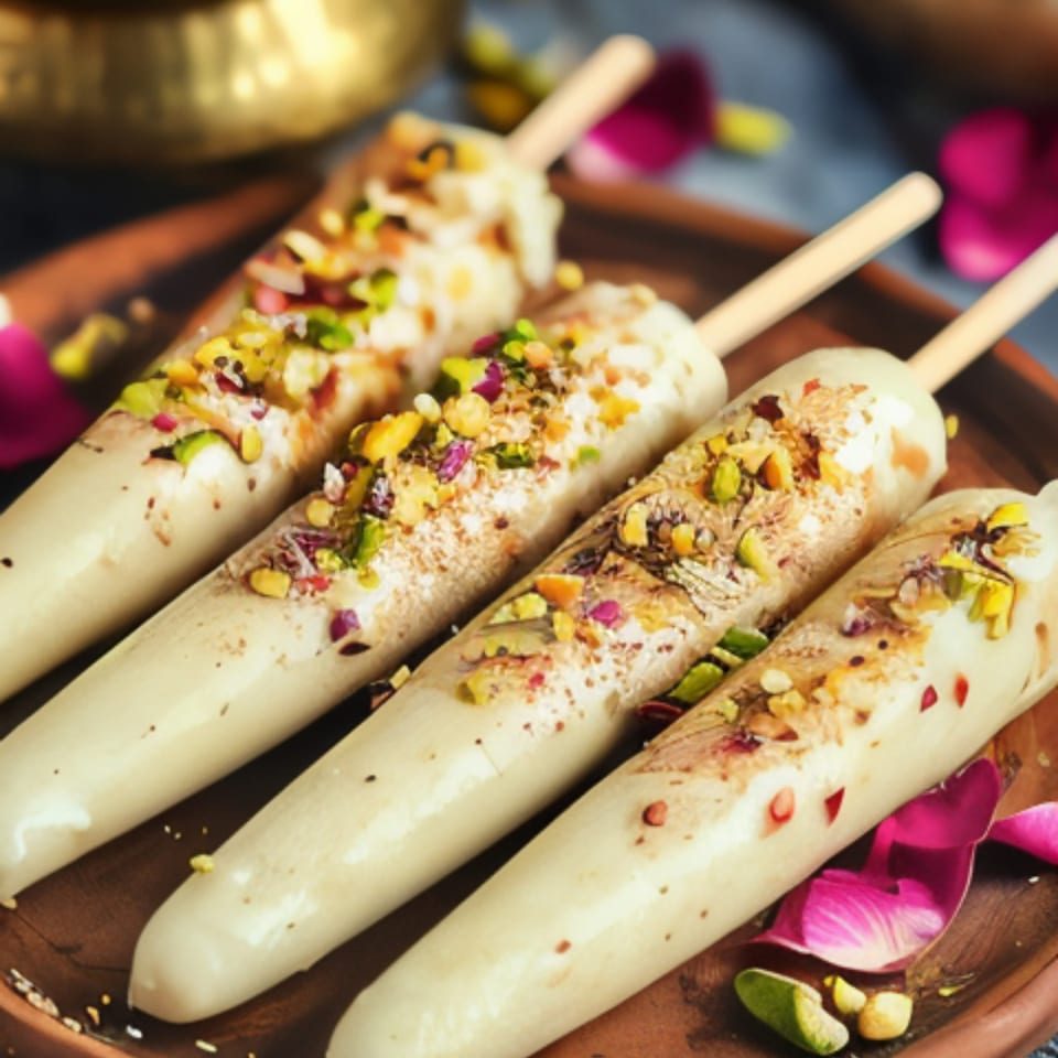 Four Indian kulfi popsicles, garnished with pistachios and rose petals, on a wooden tray.